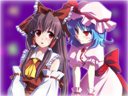 Rule 34 | 2girls, :o, blush, brooch, collar, detached sleeves, dress, female focus, frills, gem, hakurei reimu, hat, jewelry, long sleeves, mob cap, multiple girls, parted lips, pink dress, puffy short sleeves, puffy sleeves, red eyes, remilia scarlet, ribbon-trimmed sleeves, ribbon trim, short sleeves, soukuu kizuna, touhou, upper body, wrist cuffs
