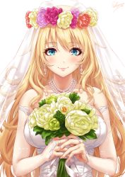 Rule 34 | 1girl, artist name, atago (kancolle), blonde hair, blue eyes, blush, bouquet, breasts, bridal gauntlets, bridal veil, bride, closed mouth, collarbone, dress, earrings, fingernails, flower, hair flower, hair ornament, highres, holding, holding bouquet, jewelry, kantai collection, large breasts, long hair, looking at viewer, necklace, pearl necklace, sakiyamama, simple background, smile, solo, strapless, strapless dress, upper body, veil, very long hair, wedding dress, white background, white dress