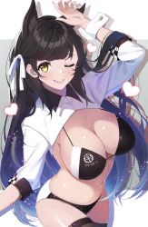 Rule 34 | 1girl, adapted costume, anchor symbol, animal ears, arm up, atago (azur lane), atago (stunning speedster) (azur lane), azur lane, bikini, black bikini, black hair, black thighhighs, blush, breasts, cleavage, closed mouth, commentary, copyright name, cowboy shot, grey background, hair ribbon, hand on own head, large breasts, lips, logo, long hair, looking at viewer, midriff, mole, mole under eye, mon0351, navel, one eye closed, race queen, ribbon, shadow, shirt, shrug (clothing), simple background, smile, solo, swept bangs, swimsuit, thighhighs, thighs, white background, white ribbon, white shirt, wing collar, wrist cuffs, yellow eyes