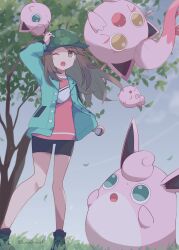 Rule 34 | 1girl, 343rone, ;o, absurdres, arm up, black footwear, black shorts, brown eyes, brown hair, buttons, commentary request, creatures (company), evolutionary line, falling leaves, game freak, gen 1 pokemon, gen 2 pokemon, grass, green headwear, green jacket, hat, highres, holding, holding poke ball, igglybuff, jacket, jigglypuff, knees, leaf, leaf (pokemon), leaf (sygna suit) (pokemon), long hair, long sleeves, nintendo, official alternate costume, one eye closed, open clothes, open jacket, open mouth, pink shirt, poke ball, poke ball (basic), pokemon, pokemon (creature), pokemon masters ex, scream tail, shirt, shoes, shorts, standing, tree, wigglytuff, wind