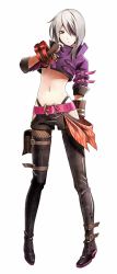Rule 34 | 10s, 1girl, belt, belt buckle, buckle, cropped jacket, eyepatch, flat chest, gina dickinson, gloves, god eater, god eater 2: rage burst, god eater burst, navel, red eyes, red hair, short hair, shorts, silver hair, simple background, solo, solo focus, white background