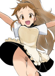Rule 34 | 1girl, :d, absurdres, apron, bad id, bad pixiv id, beige apron, black skirt, black socks, breasts, brown eyes, brown hair, clothes lift, cowboy shot, employee uniform, female pubic hair, frilled apron, frills, gluteal fold, highres, jumping, long hair, looking at viewer, no panties, ogihara mach, open mouth, ponytail, pubic hair, pussy, shirt, simple background, skirt, skirt lift, smile, socks, solo, taneshima popura, thigh gap, uncensored, uniform, very long hair, wagnaria uniform, waitress, white background, white shirt, wind, wind lift, working!!