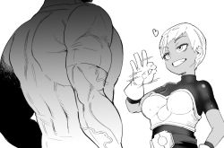 Rule 34 | 1boy, 1girl, armor, bodysuit, cheelai, dekosukentr, dragon ball, dragon ball super, dragon ball super broly, faceless, faceless male, fellatio gesture, gloves, greyscale, grin, head out of frame, monochrome, muscular, muscular male, out of frame, short hair, size difference, smile, veins, veiny arms
