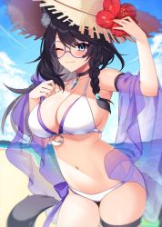 Rule 34 | 1girl, animal ear fluff, animal ears, arm up, beach, bikini, black hair, blue eyes, blue sky, blush, braid, breasts, cat ears, cat girl, cat tail, character request, choker, cleavage, closed mouth, cloud, collarbone, commission, copyright request, cowboy shot, day, detached sleeves, flower, glasses, halterneck, hand on headwear, hat, hibiscus, highres, kinsenka momi, large breasts, looking at viewer, navel, ocean, one eye closed, outdoors, pendant choker, sand, see-through, see-through sleeves, skeb commission, sky, solo, straw hat, string bikini, swimsuit, tail, thigh strap, thighs, virtual youtuber, water, white bikini