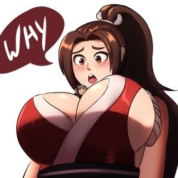 Rule 34 | 1boy, 1girl, :o, absurdres, bare shoulders, between breasts, blush, borrowed character, breasts, brown eyes, brown hair, carlitoxproductions, charlydibu, cleavage, closed eyes, commentary, english commentary, fatal fury, from below, giant, giantess, hands up, high ponytail, highres, large breasts, long hair, mini person, miniboy, ninja, nintendo, obi, open mouth, parted bangs, person between breasts, ponytail, pout, real life, revealing clothes, rope, sakurai masahiro, sash, shiranui mai, short hair, super smash bros., the king of fighters
