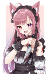 Rule 34 | 1girl, :3, :d, absurdres, animal ears, blood, bloody knife, blush, collar, detached collar, detached sleeves, fang, frilled collar, frills, hairband, heterochromia, highres, holding, holding knife, indie virtual youtuber, knife, lolita fashion, lolita hairband, long hair, mikeneko (vtuber), mikeneko (vtuber) (1st costume), neck ribbon, niconico, open mouth, parted bangs, pink eyes, pink hair, purple eyes, reverse grip, ribbon, smile, solo, suisen (suisenhwa), virtual youtuber, wrist cuffs