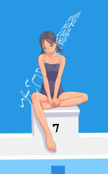 Rule 34 | 1girl, barefoot, blue eyes, brown hair, collarbone, feet, flash tomo, flat chest, full body, hands on feet, highres, long legs, one-piece swimsuit, original, plantar flexion, poolside, school swimsuit, sitting, solo, swimsuit, tan, twintails