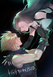 Rule 34 | 1boy, 1girl, bare shoulders, black background, black hair, blonde hair, blue eyes, breasts, cloud strife, couple, crop top, detached sleeves, earrings, final fantasy, final fantasy vii, final fantasy vii remake, gloves, highres, holding hands, jewelry, large breasts, long hair, mugikoma, outstretched arm, sleeveless, sleeveless turtleneck, spiked hair, suspenders, tank top, tifa lockhart, turtleneck, twitter username