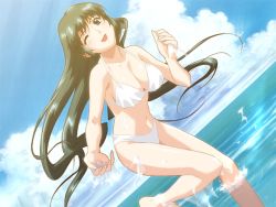 Rule 34 | 1girl, ;d, barefoot, beach, bikini, blush, breasts, brown eyes, brown hair, cleavage, cloud, day, dutch angle, game cg, green eyes, green hair, happoubi jin, large breasts, leg lift, light rays, long hair, looking at viewer, matching hair/eyes, mature female, navel, one eye closed, open mouth, outdoors, separate blue, sky, smile, solo, splashing, standing, standing on one leg, sunbeam, sunlight, swimsuit, tsurudo misui, very long hair, wading, water, white bikini, wink