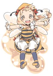 1girl :d antennae arthropod_girl bee_costume bee_girl bee_wings belt bow brown_eyes character_request copyright_request flask fur_trim hair_bow hair_ornament ham_(points) hat honey honey_day insect_girl insect_wings kneehighs light_brown_hair looking_at_viewer open_mouth outstretched_arms pom_pom_(clothes) pom_pom_hair_ornament red_bow round-bottom_flask round_teeth skirt sleeveless smile socks solo spread_arms striped_clothes tareme teeth white_skirt wings yellow_hat