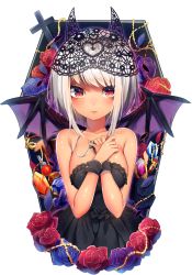 Rule 34 | 1girl, bare shoulders, bat wings, black dress, black wings, blush, breasts, closed mouth, clothing cutout, collarbone, cross, cross necklace, dark-skinned female, dark skin, dress, fake horns, flower, gem, hands on own chest, heart, heart cutout, highres, horns, jewelry, lips, looking at viewer, medium breasts, necklace, nose blush, ntk (7t5), original, purple flower, purple rose, red eyes, red flower, red rose, rose, shiny skin, sidelocks, silver hair, smile, solo, spikes, strapless, strapless dress, upper body, wings, wrist cuffs