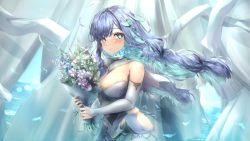 Rule 34 | blue fire, blue flower, blue hair, bouquet, breasts, cleavage, curtains, detached sleeves, disembodied head, dress, fire, floating hair, flower, hai 0013, highres, hip vent, holding, holding bouquet, horns, large breasts, lens flare, long hair, ocean, pink flower, prism project, rikudou yura, scarf, solo, virtual youtuber, white dress, white scarf