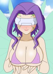 Rule 34 | absurdres, bikini, bikini top only, blush, bra, breast hold, breasts, butterfly hair ornament, butterfly wings, covered erect nipples, digimon, digimon (creature), digimon frontier, facial mark, fairimon, hair ornament, highres, insect wings, large breasts, lips, purple bikini, purple bra, purple hair, smile, swimsuit, underwear, visor (armor), wings