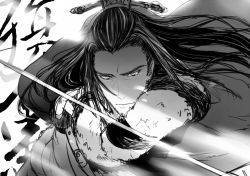 Rule 34 | 1boy, black hair, character name, chinese clothes, close-up, drenbof, facial hair, goatee, greyscale, male focus, monochrome, shang bu huan, simple background, sketch, solo, sword, thunderbolt fantasy, weapon, white background
