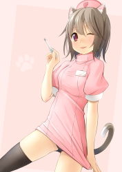 Rule 34 | 1girl, ;p, animal ear fluff, animal ears, black panties, black thighhighs, blush, breasts, brown hair, cat ears, cat girl, cat tail, closed mouth, commentary request, dress, hair between eyes, hand up, hat, heart (symbol), highres, holding, name tag, nurse, nurse cap, one eye closed, original, panties, pink background, pink dress, pink hat, puffy short sleeves, puffy sleeves, red eyes, shibacha, short sleeves, small breasts, smile, solo, tail, thermometer, thighhighs, tongue, tongue out, underwear