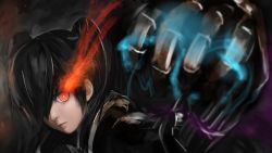 Rule 34 | 10s, 1girl, aki99, black hair, black rock shooter, glowing, highres, insane black rock shooter, long hair, red eyes, solo, twintails