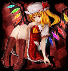 Rule 34 | 1girl, :p, ascot, blonde hair, boots, bow, brooch, collar, colored eyelashes, convenient censoring, cross-laced footwear, crystal, demon wings, fang, fang out, flandre scarlet, frilled hat, frills, gem, hair ribbon, half-closed eyes, hat, jewelry, knee boots, knees together feet apart, licking, licking finger, looking at viewer, mob cap, pigeon-toed, puffy short sleeves, puffy sleeves, red bow, red eyes, red gemstone, red ribbon, red skirt, red vest, ribbon, shinyafuru, shirt, shoelaces, short sleeves, skirt, solo, thighs, tongue, tongue out, tooth, touhou, vampire, vest, white hat, white shirt, wings