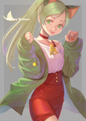 Rule 34 | 1girl, :p, animal ears, bra strap, cardigan, cat ears, cat girl, choker, christmas tree, closed mouth, commentary, cowboy shot, english commentary, english text, green cardigan, green eyes, high-waist skirt, holding, holding string, jj (ssspulse), kemonomimi mode, long hair, long sleeves, looking at viewer, merry christmas, minamino kanade, miniskirt, precure, red choker, red skirt, shirt, skirt, smile, solo, standing, string, suite precure, swept bangs, tongue, tongue out, white shirt