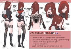 Rule 34 | 1girl, arm tattoo, ass, back, back tattoo, blush, boots, breasts, character name, character sheet, color guide, commission, covered navel, cropped hoodie, elbow gloves, english text, expulse, fingerless gloves, full body, gloves, hair between eyes, hand on own hip, heart, highres, hood, hood down, hood up, hoodie, knee boots, leg tattoo, leotard, long hair, looking at viewer, medium breasts, multiple views, nail polish, nude, original, piercing, ponytail, portrait, purple eyes, red hair, red nails, short shorts, shorts, simple background, standing, tattoo, tongue, tongue out, tongue piercing, trembling, white background