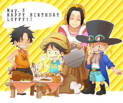 Rule 34 | 1girl, 3boys, birthday, black hair, blonde hair, brothers, cake, dessert, east blue, food, hat, makino (one piece), monkey d. luffy, multiple boys, one piece, portgas d. ace, sabo (one piece), siblings, smile, tanaka (wsuzuw), aged down