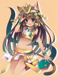 Rule 34 | 1girl, animal ears, bare shoulders, bastet (p&amp;d), brown hair, cat ears, cat tail, fang, gradient hair, green eyes, green hair, groin, headdress, heart, izumiyuhina, jewelry, long hair, looking at viewer, lots of jewelry, matching hair/eyes, multicolored hair, navel, open mouth, puzzle &amp; dragons, skirt, smile, solo, tail, tan