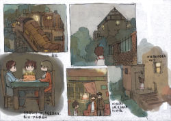 Rule 34 | 1boy, 2girls, ahoge, brown hair, building, cake, candle, chair, chinese text, comic, dlkdhy, dress, food, full body, house, lamp, light, multiple girls, original, outdoors, sailor collar, short hair, stairs, standing, table, train, translation request, white dress, window