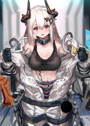 Rule 34 | 1girl, arknights, black gloves, blush, bodysuit, breasts, clothes lift, covered erect nipples, gloves, hair ornament, hairclip, highres, horns, long hair, looking at viewer, material growth, medium breasts, mudrock (arknights), mudrock (elite ii) (arknights), navel, open mouth, oripathy lesion (arknights), pointy ears, ran&#039;ou (tamago no kimi), red eyes, shirt lift, solo, sweat, white hair