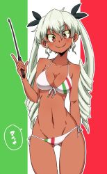 Rule 34 | anchovy (girls und panzer), aono3, arm behind back, bikini, black ribbon, breasts, cleavage, closed mouth, commentary, cowboy shot, dark-skinned female, dark skin, drill hair, flag background, flag print, front-tie bikini top, front-tie top, girls und panzer, gluteal fold, green hair, groin, hair ribbon, highres, holding, holding riding crop, italian flag, italian flag bikini, long hair, looking back, medium breasts, navel, outline, pointing, pointing up, print bikini, red eyes, ribbon, riding crop, side-tie bikini bottom, smile, standing, swimsuit, tan, translated, twin drills, twintails, white bikini, white outline