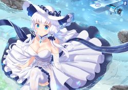 Rule 34 | 1girl, aircraft, airplane, azur lane, bad id, bad pixiv id, bare shoulders, biplane, blue eyes, breasts, chinchongcha, collarbone, detached collar, dress, elbow gloves, gloves, hat, highres, illustrious (azur lane), large breasts, long hair, looking at viewer, single elbow glove, sitting, smile, solo, thighhighs, water, white hair