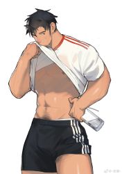 Rule 34 | 1boy, abs, bara, black hair, black shorts, bulge, clothes lift, dark-skinned male, dark skin, feet out of frame, highres, large pectorals, laserbiubiu, leg hair, lifted by self, long sideburns, looking at viewer, male focus, mature male, muscular, muscular male, navel, navel hair, nipples, original, pectorals, see-through, shiny skin, shirt, shirt lift, short hair, shorts, shorts lift, sideburns, solo, stomach, thick thighs, thighs, underpec, wet, wet clothes, wet shirt, white shirt