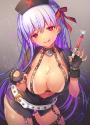 Rule 34 | 1girl, :p, bad id, bad twitter id, bb (fate), bb (fate/extra), bb (swimsuit mooncancer) (second ascension) (fate), belt, bikini tan, breasts, choker, cleavage, dark-skinned female, dark skin, fate/grand order, fate (series), fingerless gloves, gloves, hair ribbon, hat, highres, large breasts, long hair, looking at viewer, nurse, nurse cap, purple hair, red eyes, ribbon, solo, syringe, tan, tanline, tongue, tongue out, v-shaped eyebrows, very long hair, vivi (eve no hakoniwa)
