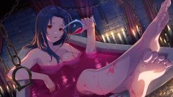 Rule 34 | 1girl, bathtub, blue hair, breasts, candle, chain, cleavage, cup, drinking glass, feet, idolmaster, large breasts, licking lips, miura azusa, official art, red eyes, solo, toes, tongue, tongue out, wet, wine glass