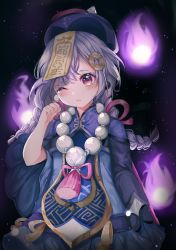 Rule 34 | 1girl, absurdres, bead necklace, beads, braid, coin hair ornament, commentary request, dyen0610, earrings, genshin impact, hair between eyes, hair ornament, hat, highres, hitodama, huge filesize, jewelry, jiangshi, long hair, long sleeves, looking at viewer, low ponytail, necklace, ofuda, one eye closed, purple eyes, purple hair, qingdai guanmao, qiqi (genshin impact), sidelocks, simple background, single braid, solo