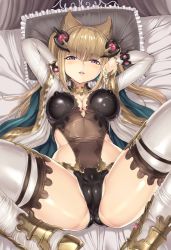 Rule 34 | 10s, 1girl, animal ears, arms up, blonde hair, blush, breasts, covered erect nipples, covered navel, erune, frilled pillow, frills, granblue fantasy, hakaba (dairiseki), large breasts, long hair, looking at viewer, lying, md5 mismatch, metera (granblue fantasy), navel, on back, on bed, pillow, purple eyes, resized, resolution mismatch, shiny skin, solo, source larger, spread legs, thighhighs, very long hair, white thighhighs