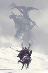 Rule 34 | 2others, absurdres, ambiguous gender, animal, armor, cloud, cloudy sky, facing another, facing away, fog, from behind, giant, hand up, helmet, highres, holding, holding shield, holding sword, holding weapon, horse, kalmahul, knight, multiple others, original, over shoulder, scenery, shield, size difference, sky, snow, sword, weapon, weapon over shoulder