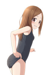 Rule 34 | 1girl, ass, bare arms, bare shoulders, black one-piece swimsuit, blush, breasts, brown eyes, brown hair, clothes lift, commentary request, forehead, grin, highres, karakai jouzu no takagi-san, lifting own clothes, long hair, looking at viewer, looking back, one-piece swimsuit, parted bangs, school swimsuit, simple background, small breasts, smile, solo, swimsuit, swimsuit lift, takagi-san, takasuma hiro, white background