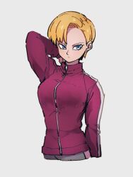 Rule 34 | 1girl, android 18, arm behind head, blonde hair, blue eyes, closed mouth, dragon ball, dragon ball super, grey background, jacket, kemachiku, long sleeves, looking at viewer, red jacket, short hair, simple background, solo, track jacket, zipper