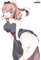 Rule 34 | 1girl, ass, black dress, blue eyes, breast pocket, brown hair, character name, commission, dress, feet out of frame, hair between eyes, kantai collection, long hair, one eye closed, open mouth, panties, pocket, saratoga (kancolle), shigino sohuzi, side ponytail, simple background, skeb commission, sleeveless, sleeveless dress, smile, solo, underwear, white background, white panties