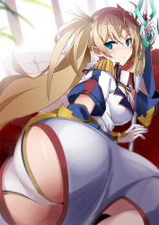 Rule 34 | 1girl, ass, blonde hair, blue eyes, bradamante (fate), bradamante (second ascension) (fate), braid, epaulettes, fate/grand order, fate (series), highres, huge ass, leotard, long hair, looking at viewer, looking back, lying, on side, polearm, skirt, solo, twintails, vane (vane0), weapon