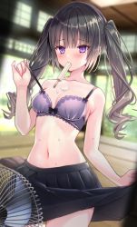 Rule 34 | 1girl, bad id, bad twitter id, black hair, black skirt, blush, bra, bra pull, breasts, clothes pull, collarbone, cowboy shot, curly hair, electric fan, fanning crotch, food, highres, indoors, long hair, medium breasts, melting, mole, mole under eye, navel, nozomi fuuten, original, pleated skirt, popsicle, purple eyes, skirt, solo, stomach, sweat, tatami, topless male, twintails, underwear