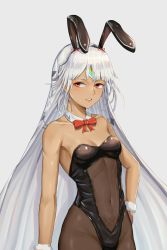 Rule 34 | 1girl, altera (fate), animal ears, armpits, bad id, bad pixiv id, bare arms, bare shoulders, black leotard, bow, bowtie, breasts, cleavage, collarbone, covered navel, cowboy shot, dark-skinned female, dark skin, detached collar, fake animal ears, fate/grand order, fate (series), grey background, groin, hand on own hip, hokori sakuni, leotard, long hair, looking at viewer, pantyhose, parted lips, playboy bunny, rabbit ears, rabbit girl, red bow, red bowtie, red eyes, see-through, sidelocks, silver hair, simple background, small breasts, solo, standing, thighs, veil, very long hair, wrist cuffs