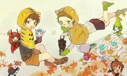 2boys :d aged_down animal_print board_game brown_hair brown_socks capelet chousokabe_motochika_(sengoku_basara) contemporary facepaint green_eyes green_socks hair_slicked_back honda_tadakatsu_(sengoku_basara) hood hood_up imagawa_yoshimoto_(sengoku_basara) leaf maeda_keiji_(sengoku_basara) male_focus maple_leaf mouri_motonari_(sengoku_basara) multiple_boys open_mouth red_eyes sanada_yukimura_(sengoku_basara) sarutobi_sasuke_(sengoku_basara) sengoku_basara short_hair smile socks suishagoya takeda_shingen_(sengoku_basara) tiger_print toy uesugi_kenshin_(sengoku_basara)