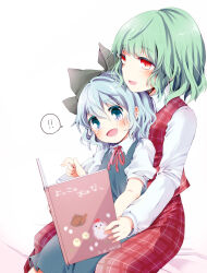 Rule 34 | 2girls, bird, blue dress, blue eyes, blue hair, blush, book, bow, chick, chicken, chicken (food), cirno, collared shirt, commentary request, dress, egg, fang, food, green bow, green hair, hair bow, highres, holding, holding book, kazami yuuka, kuromame (8gou), long sleeves, medium hair, multiple girls, neck ribbon, no wings, open mouth, pinafore dress, plaid, plaid skirt, plaid vest, reading, red eyes, red ribbon, red vest, ribbon, shirt, short sleeves, sitting, sitting on lap, sitting on person, skirt, skirt set, sleeveless, sleeveless dress, smile, speech bubble, touhou, translation request, vest
