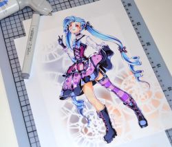 Rule 34 | 1girl, art tools in frame, blue hair, gothic lolita, jinx (league of legends), league of legends, lolita fashion, long hair, photo (medium), solo, traditional media, twintails, very long hair