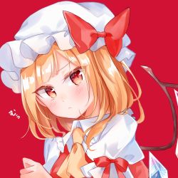 Rule 34 | 1girl, :&lt;, blonde hair, blush, bow, closed mouth, collared shirt, crystal, flandre scarlet, hand up, hat, highres, long hair, mob cap, moko (mokochisa), one side up, puffy short sleeves, puffy sleeves, red background, red bow, red eyes, red vest, shirt, short sleeves, simple background, solo, touhou, translation request, upper body, vest, white hat, white shirt, wings, yellow neckwear