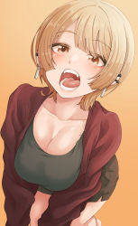 Rule 34 | 1girl, absurdres, all fours, black pants, black shirt, blonde hair, breasts, brown background, brown eyes, cleavage, dutch angle, ear piercing, earrings, fangs, highres, jacket, jewelry, large breasts, looking at viewer, miniskirt, mole, mole on breast, open mouth, original, pants, piercing, red jacket, scoop neck, shirt, short hair, skirt, tokufumi, uvula