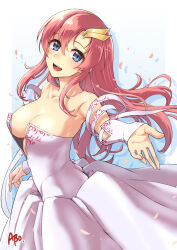Rule 34 | 1girl, abo (hechouchou), blue background, blue eyes, blush, breasts, cleavage, cowboy shot, detached sleeves, gradient background, gundam, gundam seed, gundam seed destiny, hair ornament, hairclip, lacus clyne, long hair, looking at viewer, medium breasts, open mouth, petals, pink hair, smile, solo
