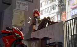 Rule 34 | angel, arknights, black thighhighs, clay (clayjun), day, exusiai (arknights), fingerless gloves, gloves, halo, high collar, highres, looking to the side, motor vehicle, poster (object), red eyes, red hair, short hair, sitting, skirt, solo, thighhighs