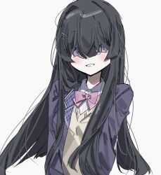 Rule 34 | 1girl, black hair, blush, bow, bowtie, collared shirt, grin, hair between eyes, highres, jacket, long bangs, long hair, looking at viewer, nijisanji, noyama (prosiuttooishi), open clothes, open jacket, parted lips, pink bow, pink bowtie, purple jacket, shirt, simple background, smile, solo, sweater vest, tsukino mito, upper body, white background, yellow sweater vest
