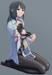 Rule 34 | 1girl, android, black eyes, black hair, black pantyhose, blunt bangs, grey background, joints, mechanical parts, no pants, open clothes, open shirt, original, panties, panties under pantyhose, pantyhose, robot joints, science fiction, seiza, shirt, simple background, sitting, solo, sukabu, underwear